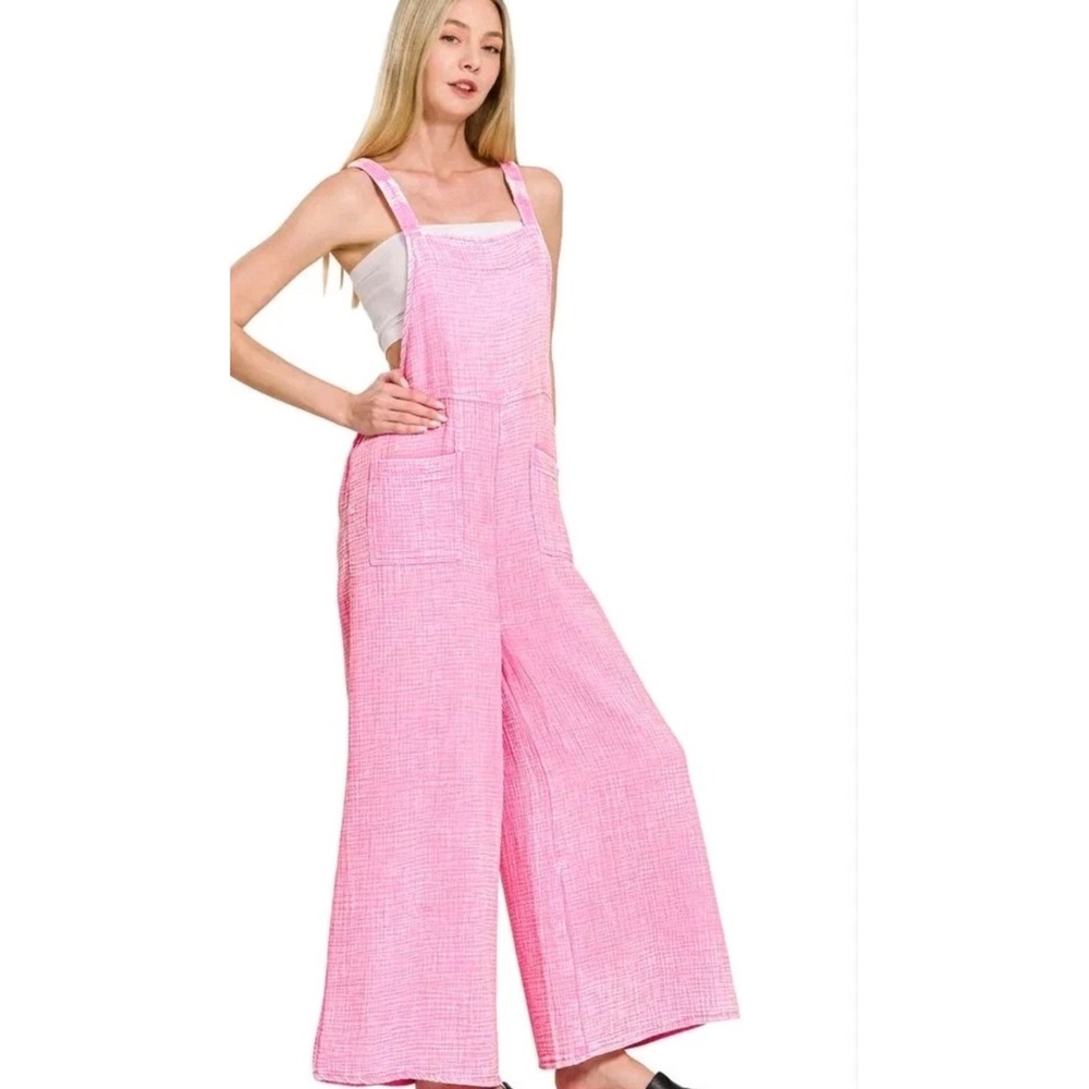 New Zenana Pink Cotton Gauze Wide Leg Overall Mineral WashJumpsuit Boho Pocket